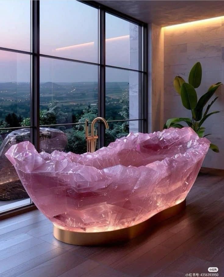 a large pink crystal bowl sitting on top of a wooden table next to a window