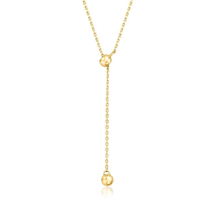 Ross-Simons - 10kt Yellow Gold Lariat-Style Necklace. Canaria fine jewelry. Perfect for everyday wear, these genuine 10kt gold wardrobe essentials are fashionable, fun and designed to last a lifetime. Strong and durable, our collection of gold classics is always a great value. This handcrafted 10kt yellow gold cable-chain necklace features a sliding mechanism that can be adjusted to create different drop lengths, like a lariat. 10kt yellow gold lariat-style necklace. Minimalist 14k Yellow Gold Lariat Necklace, Dainty Yellow Gold Lariat Necklace With Long Drop, Dainty Yellow Gold Lariat Necklace With Clavicle Chain, Classic 14k Gold Lariat Necklace Gift, Dainty Yellow Gold Lariat Necklace With Adjustable Length, Dainty Yellow Gold Lariat Necklace With Dangle, Classic Gold Lariat Necklace With Clavicle Chain, Classic Yellow Gold Lariat Necklace With Delicate Chain, Yellow Gold Lariat Jewelry With Adjustable Length