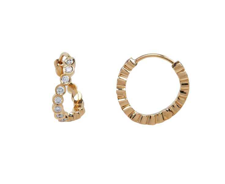 These stunning, graceful Sophie Bille Brahe earrings are an eye-catching alternative to the traditional gold and diamond huggie. The 18K yellow gold hoops have a curved surface and are set with tiny, bezel set white diamonds. They connect to 18K yellow gold latch backs. total length : 1/2"18K yellow gold and diamond hoop width : 2mmdiamonds : about 1mm diameter each : .48cttw18K yellow gold latch backs Small Gold Hoop Earrings With Single Cut Diamonds, Gold 14k Single Cut Diamond Hoop Earrings, Gold Plated Yellow Gold Huggie Diamond Earrings, Yellow Gold Plated Huggie Diamond Earrings, Gold Diamond Huggie Earrings With Bezel Setting, Gold Diamond Hoop Earrings With Bezel Setting, Fine Jewelry Yellow Gold Huggie Earrings With Bezel Setting, Yellow Gold Bezel Setting Huggie Earrings Fine Jewelry, Yellow Gold Bezel Setting Huggie Earrings