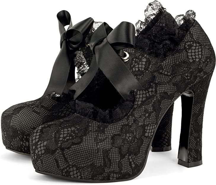 Black Victorian Heels, Goth Heels Wedding, Victorian Gothic Shoes, Black Lace Dress Prom, Black Heels Goth, Goth Outfits With Mary Janes, Gothic Mary Janes, Gothic Shoes Heels, Goth Prom Shoes