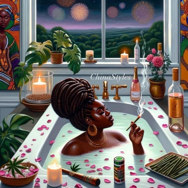 a painting of a woman sitting in a bathtub with candles on the side and bottles next to her