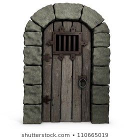 an old wooden door with bars on the top and bottom is made out of stone