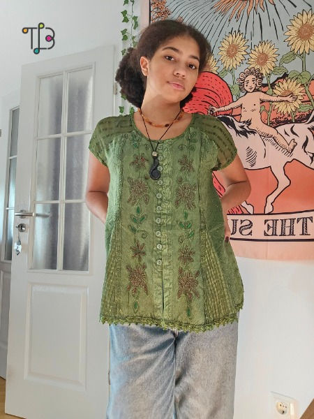 Celtic Inspired Button Down Top in Green Casual Green Blouse With Floral Embroidery, Green Casual Embroidered Top, Bohemian Green Top With Floral Embroidery, Green Bohemian Top With Floral Embroidery, Casual Green Embroidered Cotton Top, Casual Green Floral Embroidered Top, Casual Green Top With Floral Embroidery, Casual Green Embroidered Top With Floral Detail, Green Bohemian Embroidered Top For Spring