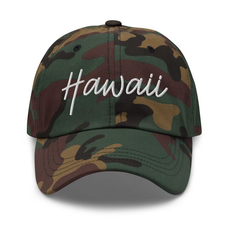 DISCLAIMER: Hevvy Headwear is not affiliated or associated with any other organizations, including but not limited to professional sports organizations and academic institutions. HEVVY IS THE CROWN YOUR HAT, YOUR WAY 100% chino cotton twill Green Camo color is 35% chino cotton twill, 65% polyester Unstructured, 6-panel, low-profile 6 embroidered eyelets Adjustable strap with antique buckle Hawaii Hat Hawaii Dad Hat Hawaii Retro Script Hat Hawaii Retro Script Dad Hat Curved Bill Hats With Letter Print For College, Adjustable Letter Print Baseball Cap For College, Casual Baseball Cap With Letter Print For Sports, Casual Adjustable Trucker Hat For College, College Baseball Cap With Curved Brim And Letter Print, Casual Baseball Hats With Letter Print, College Baseball Cap With Letter Print And Curved Brim, Casual Hats With Letter Print For Baseball Season, Casual Baseball Letter Print Hats