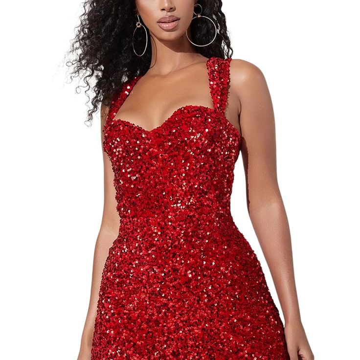 Red Sequin Split Bodycon Party Dress Red Strap Dress, Bodycon Party Dress, Party Dress Women, Dresses Sequin, Slim Tie, Tie Skirt, Skirt Medium, Sequin Dresses, Red Sequin