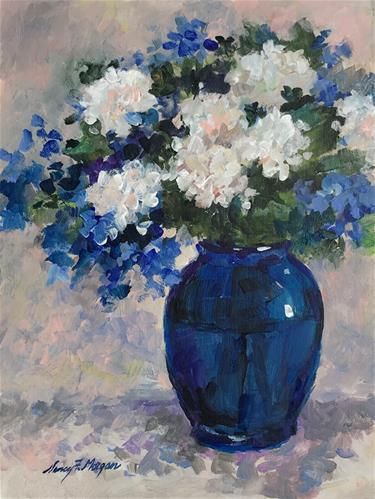 a painting of blue and white flowers in a vase