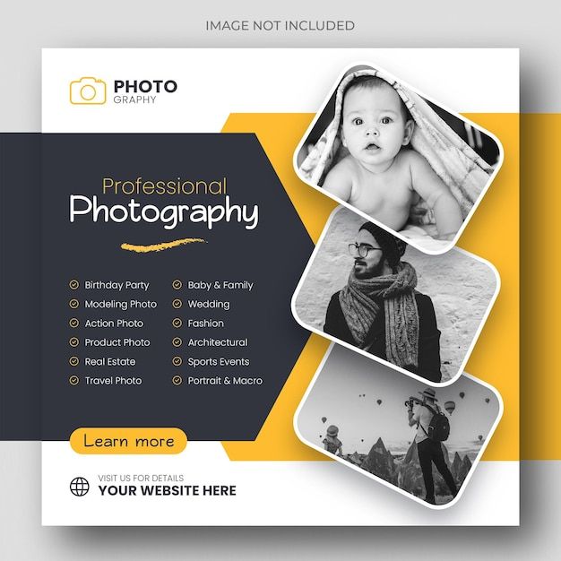 a yellow and black flyer design for a photographer's business card or brochure