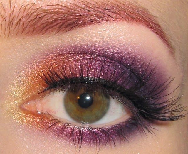 Purple Bronze Eye Makeup, Purple Gold Eye Makeup, Purple And Red Eye Makeup, Purple Orange Eye Makeup, Orange And Purple Eye Makeup, Purple Brown Makeup, Purple Sunset Eyeshadow, Purple Gold Makeup Look, Purple Orange Makeup Look