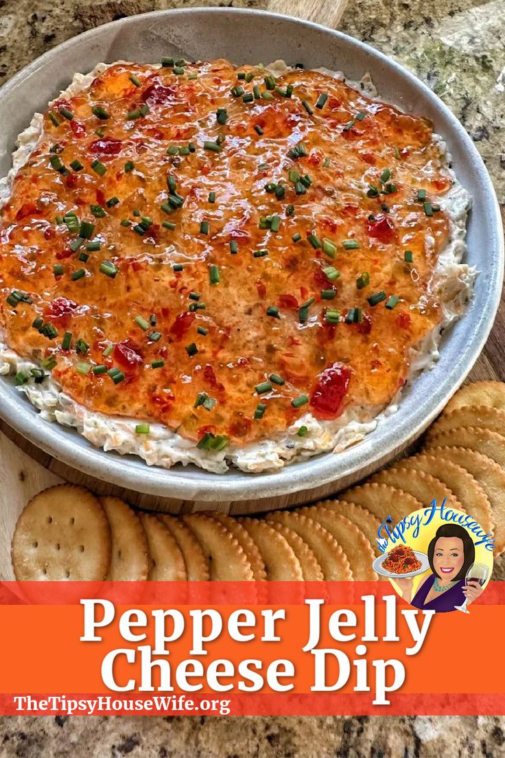 The photo shows a cheese dip with pepper jelly on top in a bowl with crackers surrounding for dipping. The brightly colored banner displays the name of the recipe, "Pepper Jelly Cheese Dip." Pepper Jelly Cheese Dip, Pepper Jelly Recipes, Delicious Dips Recipes, Best Appetizer Recipes, Appetizers Easy Finger Food, Dip Recipes Easy, Pepper Jelly, Recipes Appetizers And Snacks, Jelly Recipes