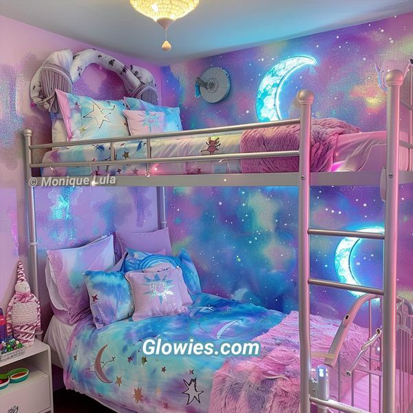 a bed room with a bunk bed and a night sky mural on the wall