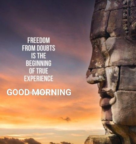 a buddha statue with the words good morning on it and an image of a sunset in the background