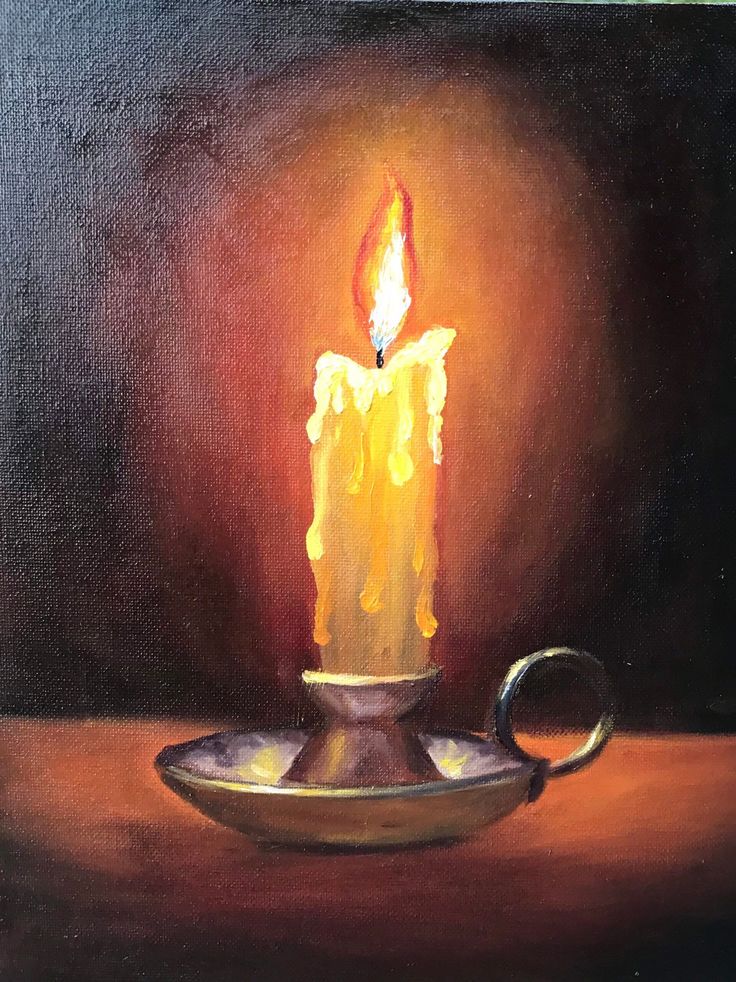 a painting of a lit candle on a plate