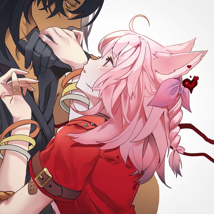 two anime characters one is kissing the other has pink hair and black eyes, while the other wears red