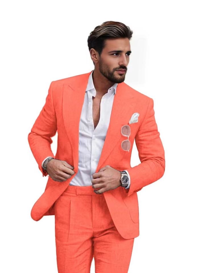 Product details Fabric type 50% Linen, 30% Cotton, 20% Viscose;Linen Suit for Men Package includes:Jacket+Pants, 2-Piece Suit. Care instructions Dry Clean Only Origin Imported SIZE CHART 【How to choose Size】XXS≈US 34,XS≈US 36,S≈38, M≈US 40,L≈US 42,XL≈US 44,XXL≈46,3XL≈US 48,4XL≈US 50,5XL≈US 52,6XL≈US 54. Our items are true to size, please refer to size chart under description. About this item 【Suit Feature】Our linen suits for men is made of superior linen. Skin-friendly, soft, breathable, lightwe Spring Orange Tailored Suit, Orange Suits For Spring Formal Events, Summer Suit Collar Sets With Pockets, Orange Tailored Suit With Notch Lapel, Business Casual Suits For Summer, Summer Business Casual Suits With Pockets, Business Sets With Pockets For Spring, Spring Business Sets With Pockets, Solid Color Business Sets For Spring