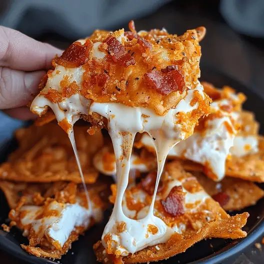 someone is holding up some pizza on a black plate with cheese and bacon toppings