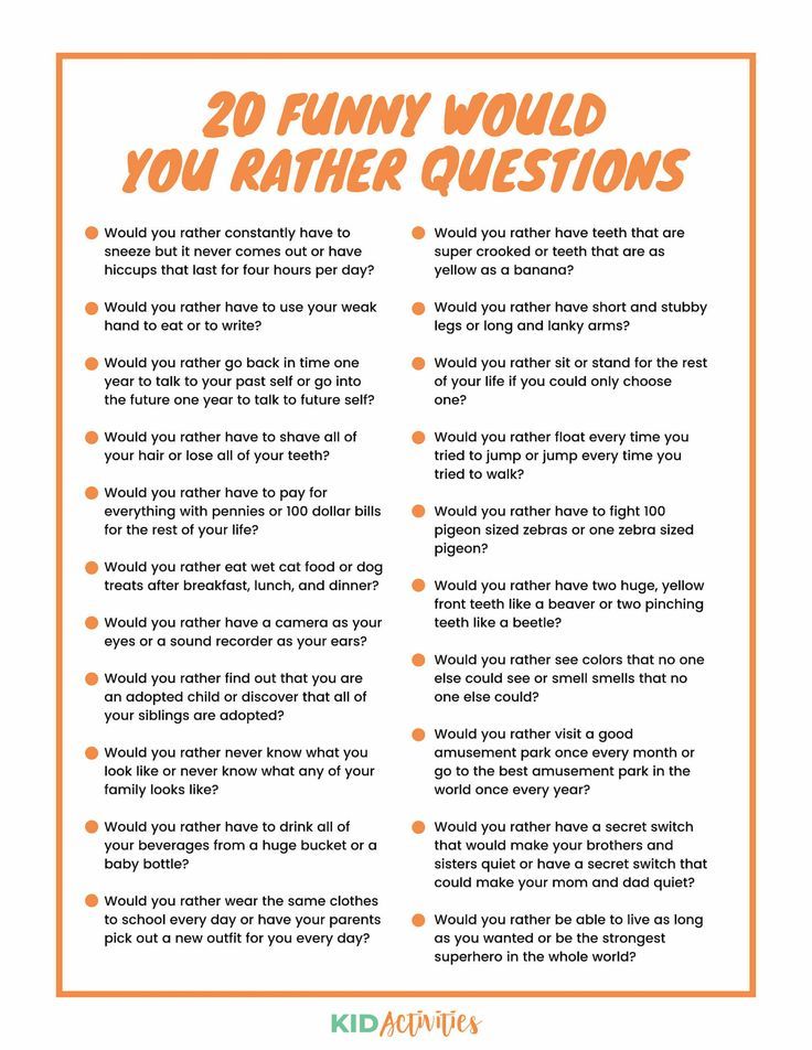 an orange and white poster with the words 20 funny would you rather questions?