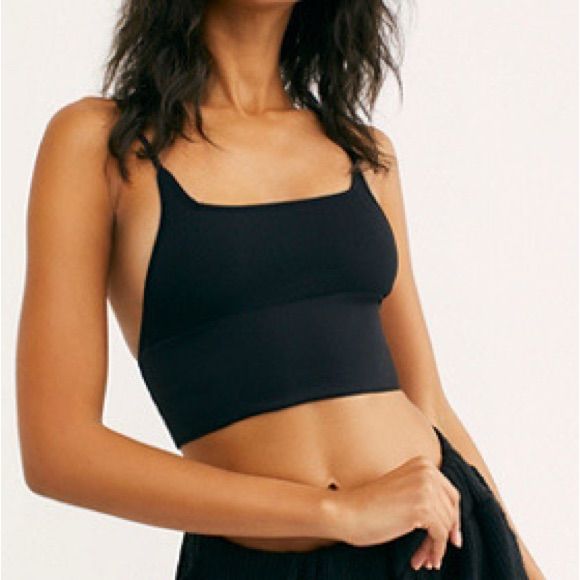 Perfect Staple Item To Add To Your Closet! Free People ��“Andi Square Neck Seamless” True Black Spaghetti Straps Soft Material Black Stretch Crop Top With Built-in Bra, Black Seamless Tank Top With Built-in Bra, Black Sports Bra With Built-in Bra For Summer, Black Seamless Tops With Built-in Bra, Versatile Black Top With Built-in Bra, Versatile Black Tops With Built-in Bra, Trendy Black Sports Bra For Yoga, Trendy Black Yoga Sports Bra, High Stretch Black Bra-friendly Tops