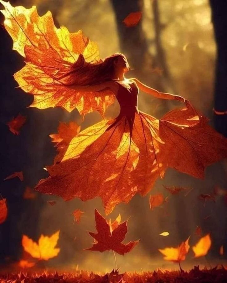 a woman is flying through the air with leaves in front of her and behind her