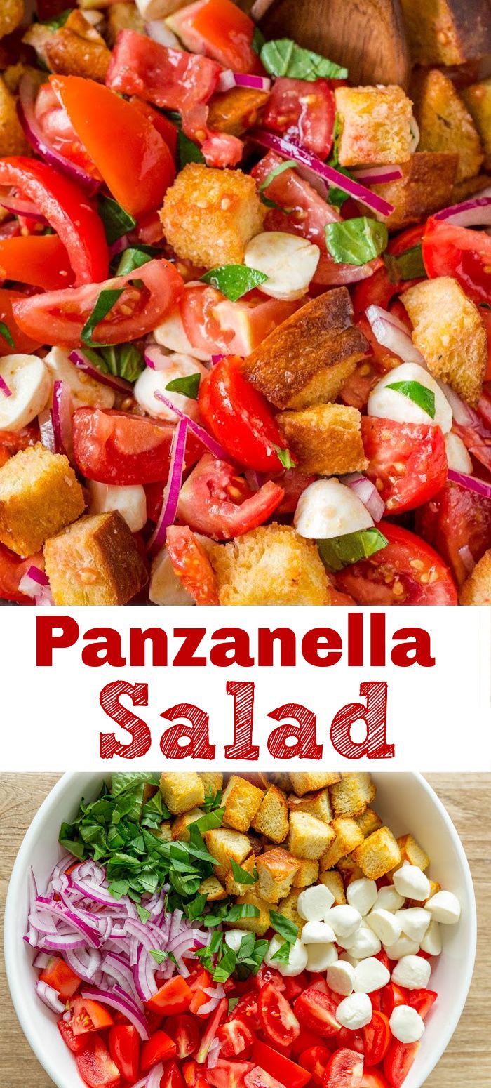 this panzanella salad is loaded with fresh tomatoes, red onions, and mozzarella