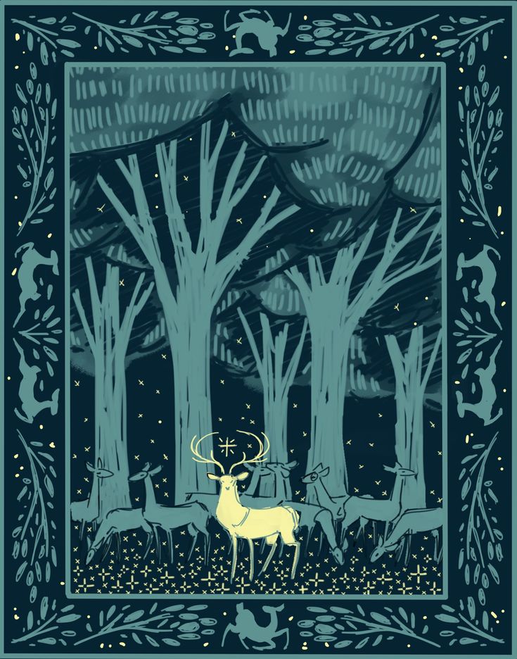 a deer in the woods with trees and stars