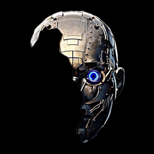 an iron man mask with blue eyes is shown in the dark background, and it appears to be made out of metal