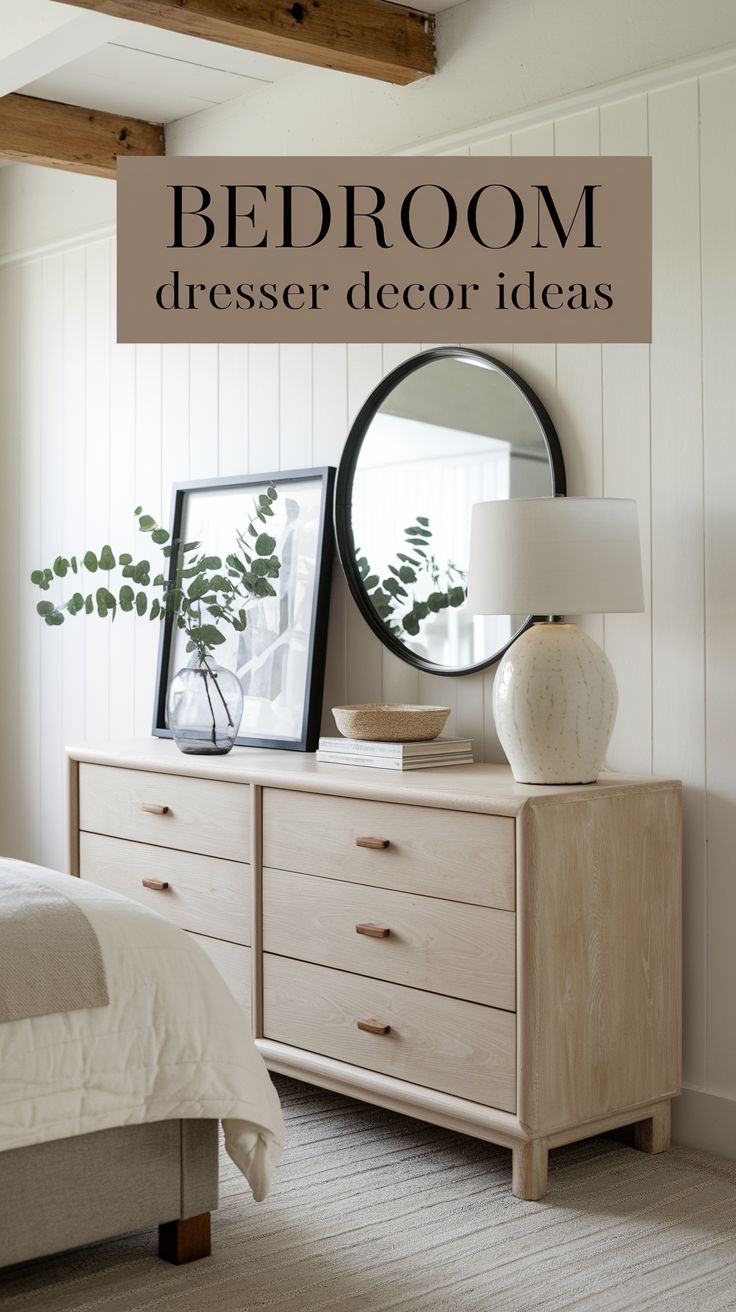 a bedroom dresser with a mirror and lamp next to it on top of a bed