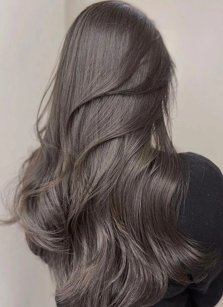 Cool Tone Hair Color Asian, Olive Gray Hair Color, Dark Cool Toned Brown Hair, Dark Mousy Brown Hair, Green Tea Hair Color, Ash Gray Brown Hair, Ashy Dark Hair, Dark Charcoal Hair, Dark Ash Brown Hair Color Brunettes