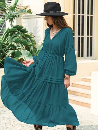 Maxi Dress Layering, Dress Layered, Chic Maxi Dresses, Lantern Sleeve Dress, Plain Dress, Chiffon Long Sleeve, Vestido Casual, Long Sleeve Maxi, Women Long Dresses