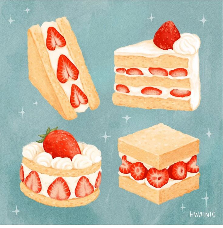 four different types of cake with strawberries on top and one slice cut in half