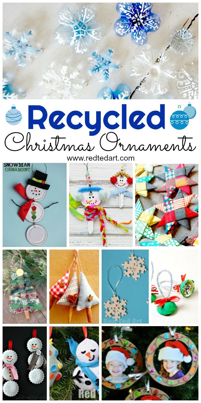 christmas ornaments made from recycled materials are featured in this collage with the words recycled