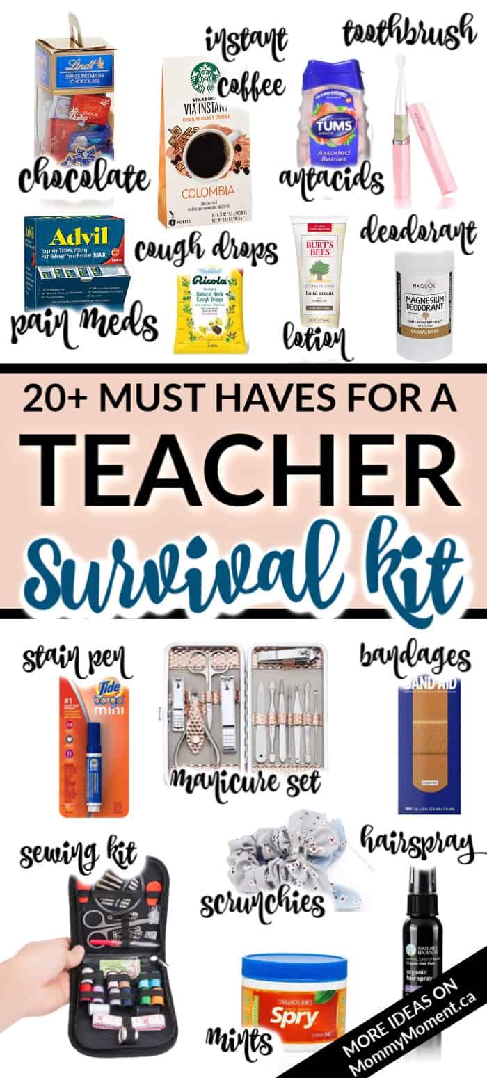 the back to school survival kit with text overlay that says 20 must haves for a teacher survival kit