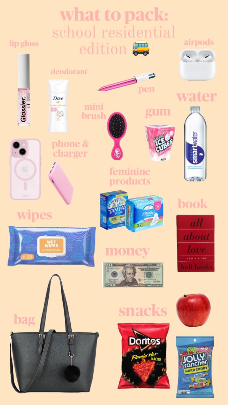 the contents of a woman's purse are shown in pink and black, including an apple