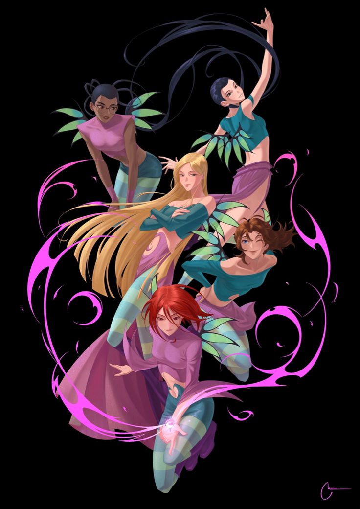 some anime characters are dancing together on a black background with pink swirls and green leaves