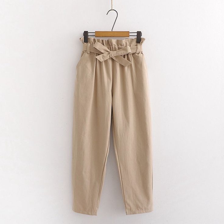 Bow Lace-Up Elastic Waist Casual Women Pants Apricot One Size High Waist Beige Cotton Harem Pants, Trendy Paperbag Waist Pants With Elastic Waistband, Fall Paperbag Waist Pants With Elastic Waistband, Fall Paperbag Waist Pants With Elastic Band, Beige High-waisted Cotton Harem Pants, High-waisted Cotton Harem Pants In Beige, Casual Paperbag Waist Khaki Pants, Casual Khaki Paperbag Waist Pants, Trendy Paperbag Waist Bottoms For Fall