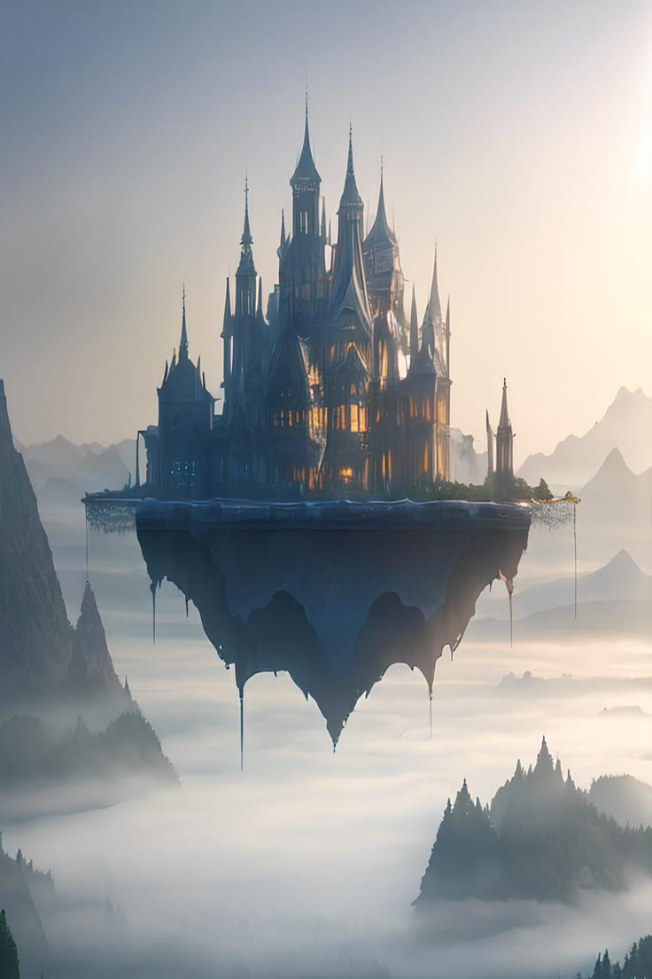 a castle floating in the air surrounded by fog and low lying hills with trees on each side