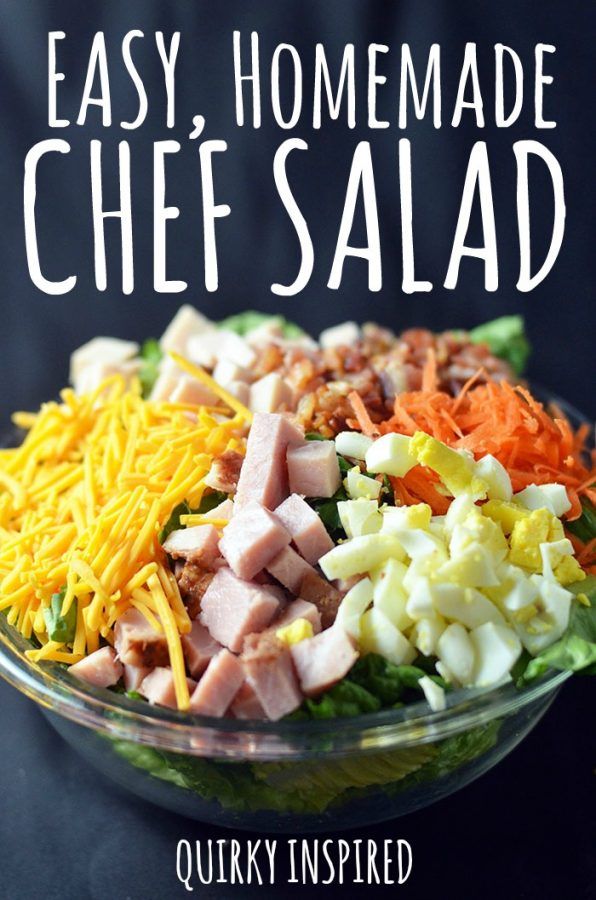 easy homemade chef salad with ham, cheese and lettuce in a glass bowl