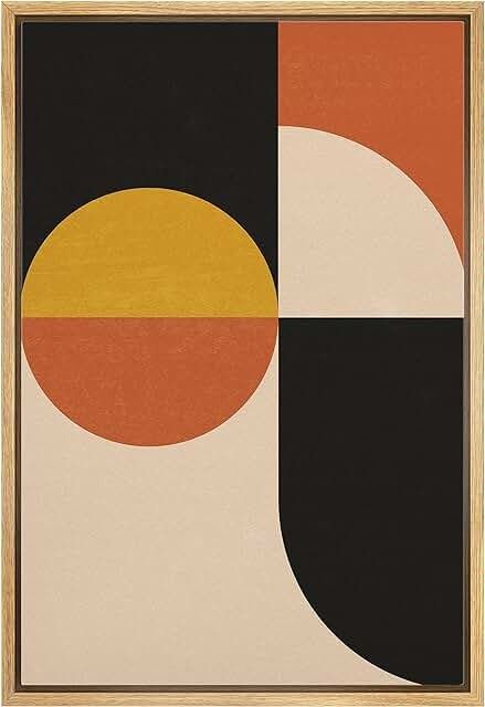 an abstract painting with black, orange and yellow circles on the bottom half of it