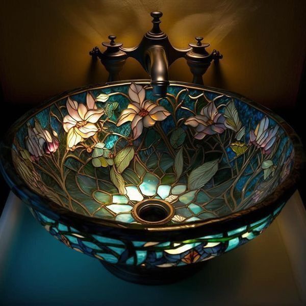 a glass bowl sink with flowers on the bottom and lights in the middle, along with two faucets