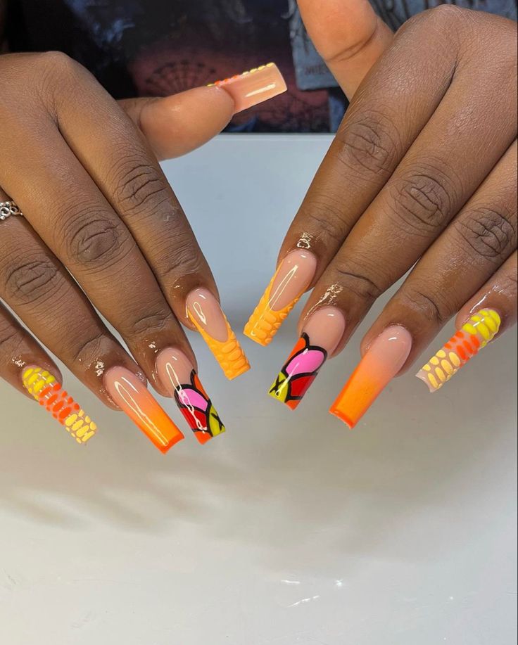 Pink Kaws Nails, Kaw Nails, Kaws Nails, Pink Kaws, Orange Acrylic Nails, Nails Orange, 2024 Nails, Inspired Nails, Cute Acrylic Nail Designs