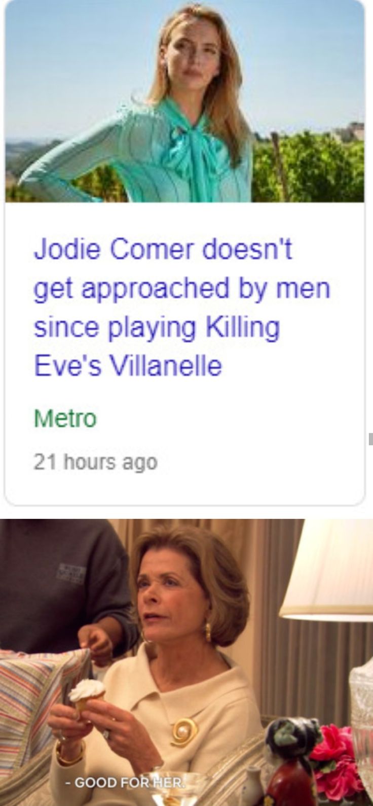 an image of a woman talking to someone on her phone and the caption reads jodie conner doesn't get approached by men since playing killing eve's viliane