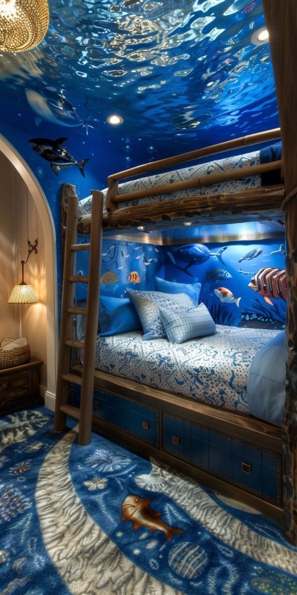 a bedroom with a blue underwater themed ceiling and bunk bed in the middle, under water