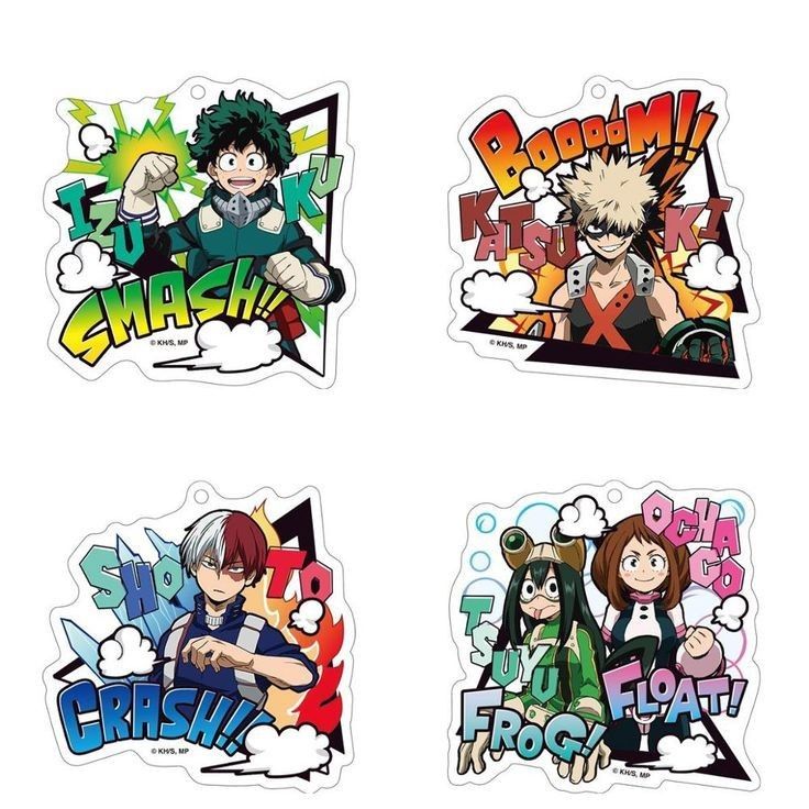 four stickers with different characters on them