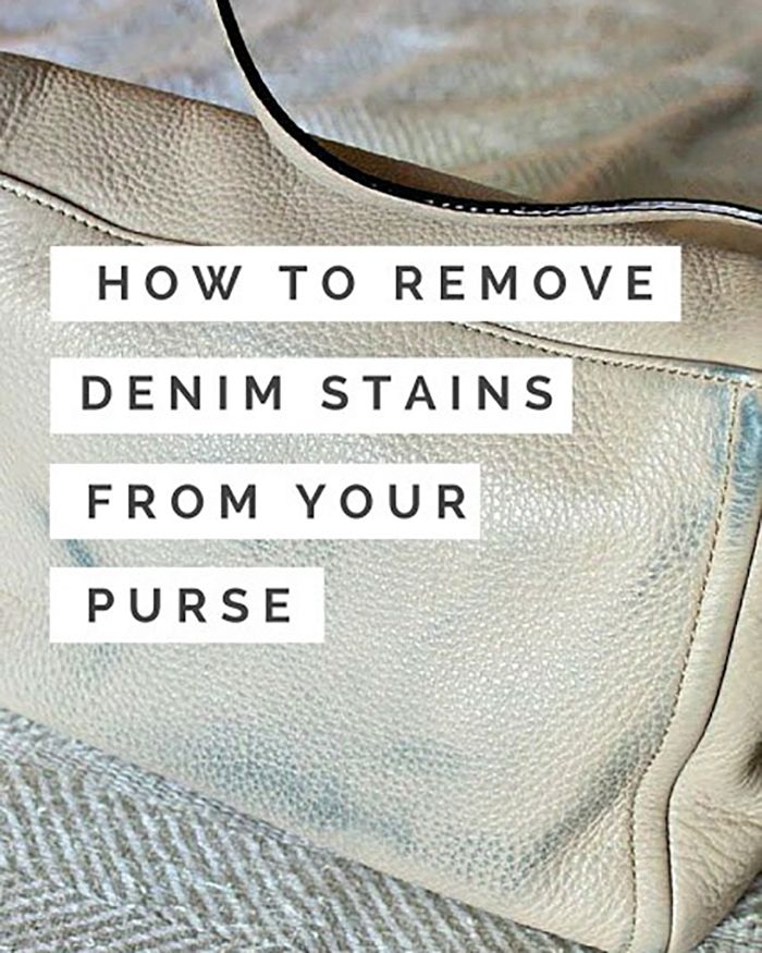 a purse sitting on top of a bed with the words how to remove denim stains from your purse