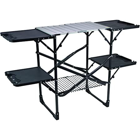 Portable folding cook station brings the kitchen outside with counter and storage space for a camping stove or grill, cooking utensils, and cookware Portable Camp Kitchen, Folding Kitchen Table, Country Kitchen Accessories, Table Grill, Outdoor Camping Kitchen, Folding Camping Table, Grill Table, Outdoor Folding Table, Portable Grill