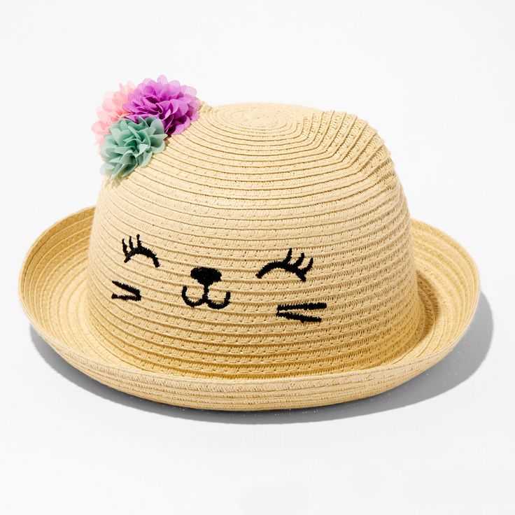 This paper straw, bowler-style hat, embellished with faux flowers, features a gorgeous cat face. Breathable & airy, this straw hat is perfect for summer-time activities. Hat by Claire's Club One size Material: Paper Suitable for ages 3-6 - Claire's Club Straw Bowler Hat Fun Spring Hats With Uv Protection, Fun Sun Hat With Short Brim For Spring, Fun Spring Sun Hat With Short Brim, Fun Brimmed Sun Hat For Spring, Playful Brimmed Straw Hat For Summer, Whimsical Brimmed Sun Hat For Summer, Fun Summer Straw Hat With Short Brim, Fun Short Brim Straw Hat For Summer, Playful Brimmed Sun Hat For Spring