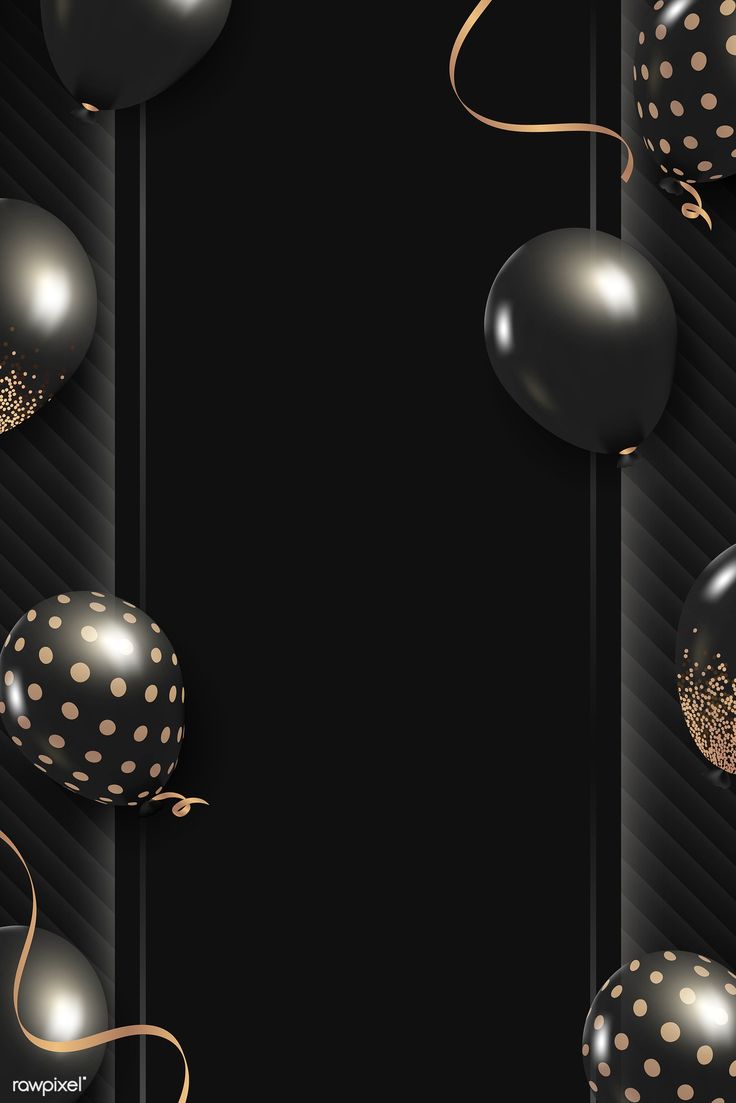 an elegant black and gold background with polka dot balloons, streamers and confetti