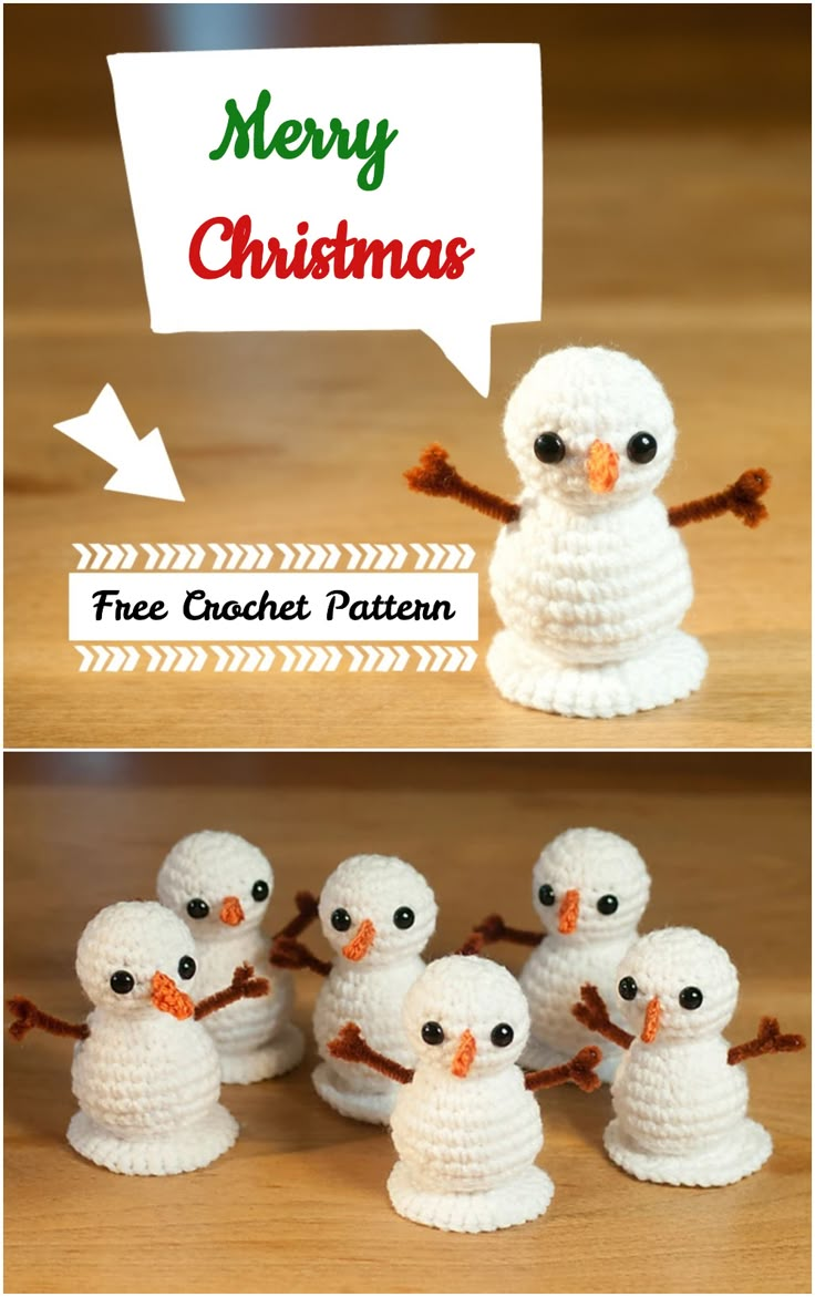 crocheted snowmen are shown with the words merry christmas written above them and below