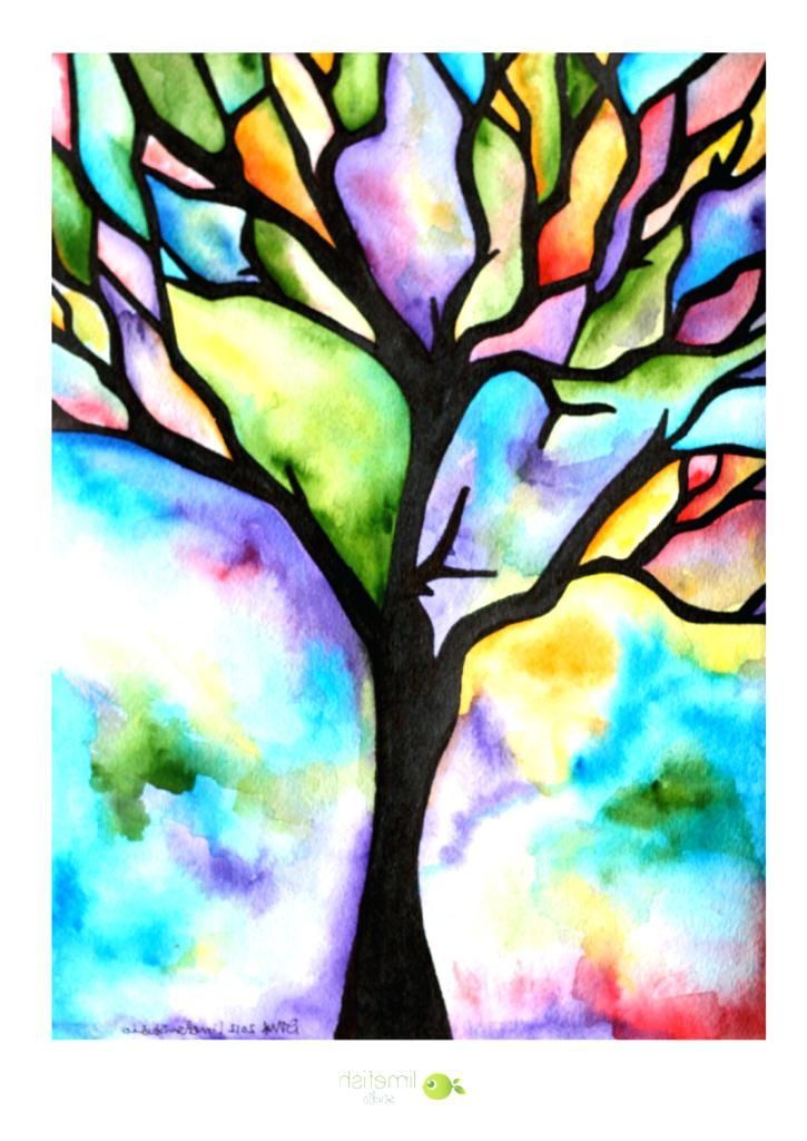 a painting of a tree with colorful leaves