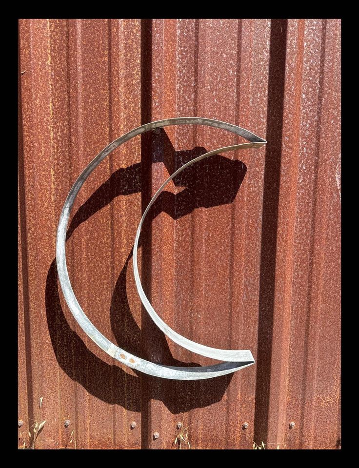 a metal sculpture is shown on the side of a building with a shadow of a dog