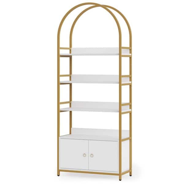 a white and gold shelf with shelves on it, against a white background that has an arched design